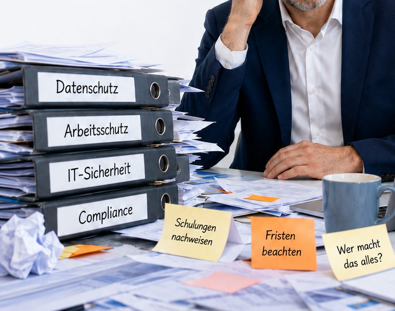 Schreibtisch mit Aktenordnern zu Datenschutz, Arbeitsschutz, IT-Sicherheit und Compliance sowie Notizzetteln zu offenen Schulungsnachweisen.